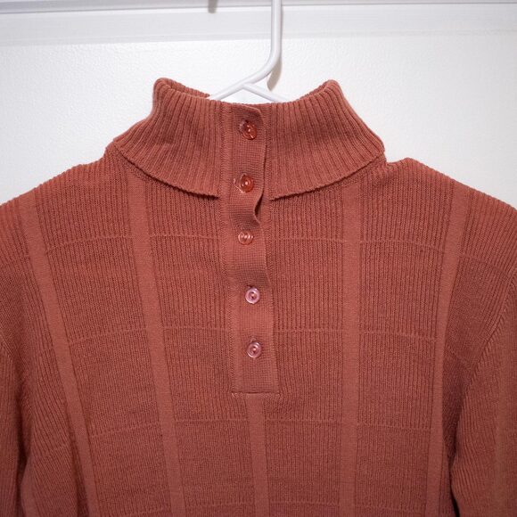 Retro Knitivo Sweater Mockneck Coral Peach Ribbed Button Top Korea | Soft Autumn - Picture 6 of 7